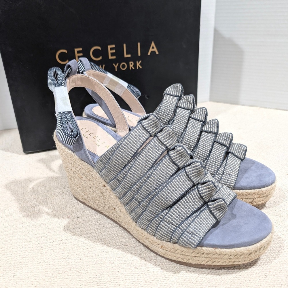 Cecelia New York Serena Off Denim Faded Jeans Espadrille Wedge Sandals 8B NIB